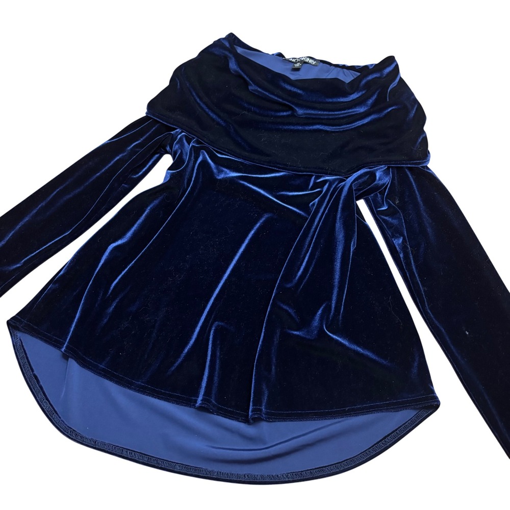Y2K Snoskins USA Navy Blue Velvet Cowl Neck Foldover Off Shoulder Top M